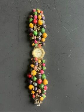 Women's Gold-Tone Quartz Bracelet Watch with Multicolor Beads